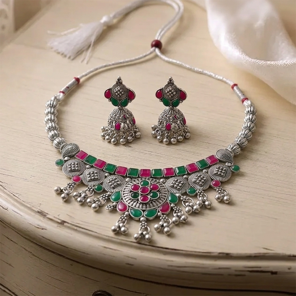 Oxidised Silver Choker Set with Jumkas for Women Occasion | Bridal Jewellery India