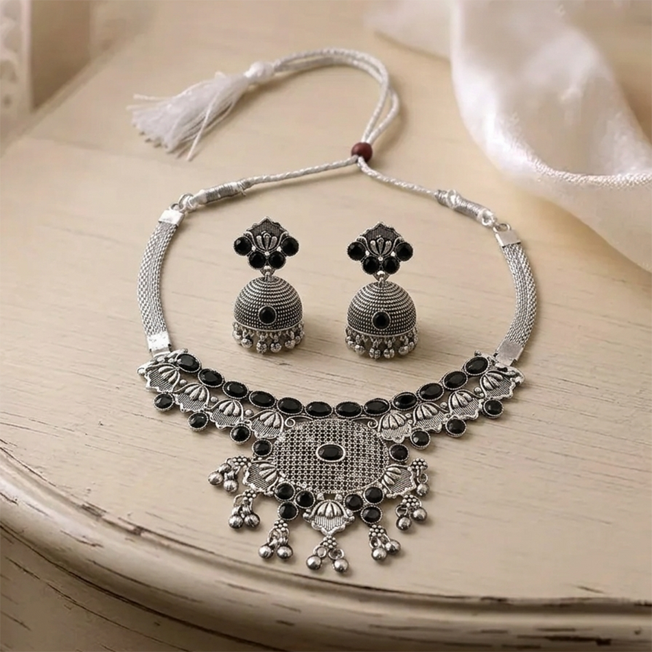 Oxidised Silver Choker Set with Jumkas for Women | Bridal Jewellery India