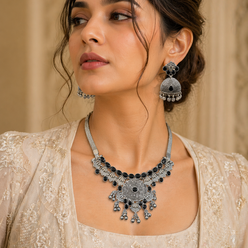 Oxidised Silver Choker Set with Jumkas for Women | Bridal Jewellery India