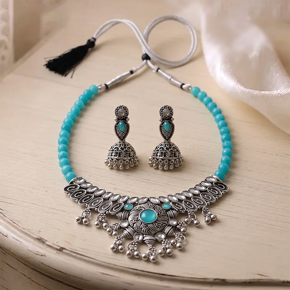 Oxidised Silver Choker Set with Jumkas for Women | Bridal Jewellery India