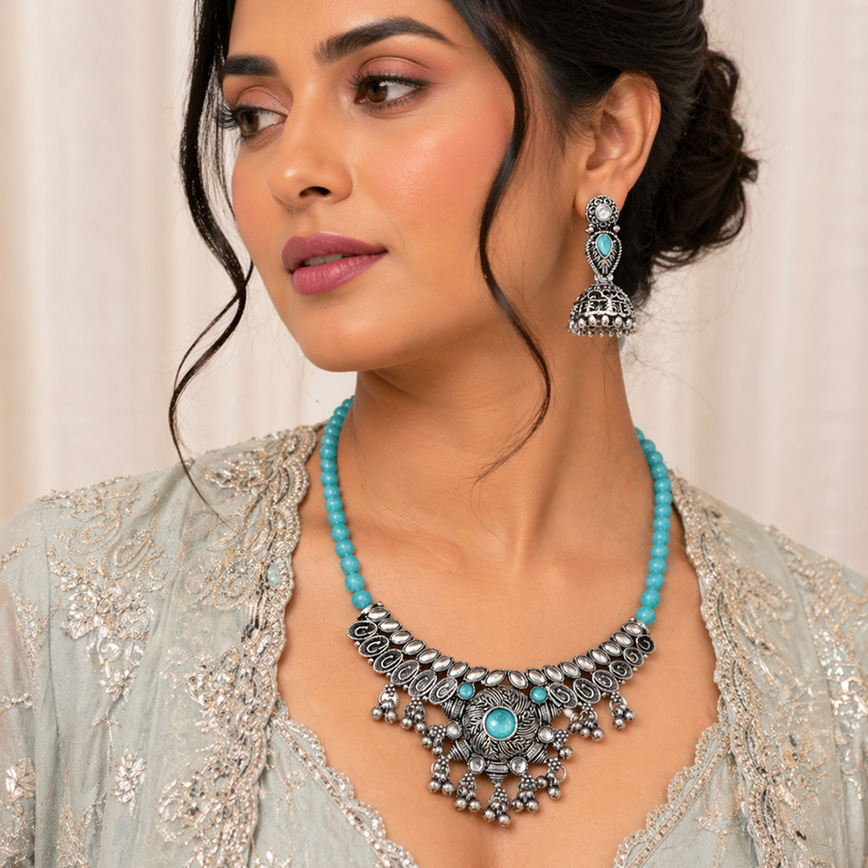 Oxidised Silver Choker Set with Jumkas for Women | Bridal Jewellery India