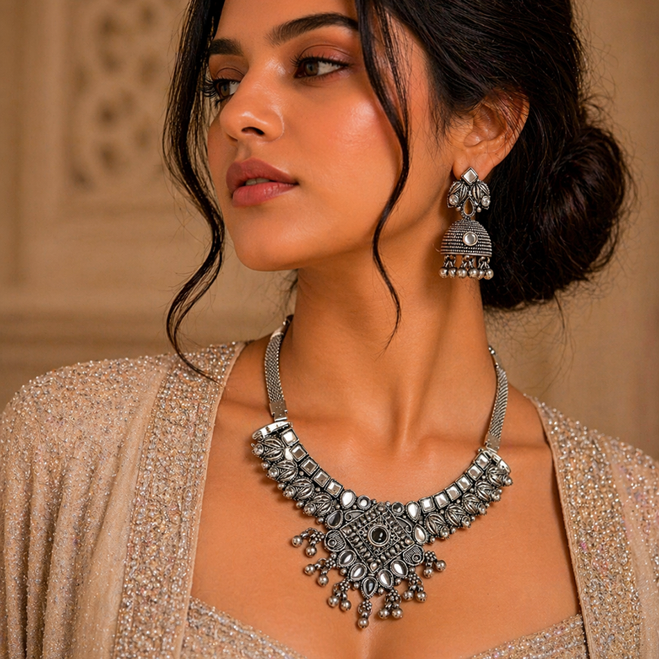Oxidised Silver Choker with Jumka Earrings Set | Bridal Jewellery India