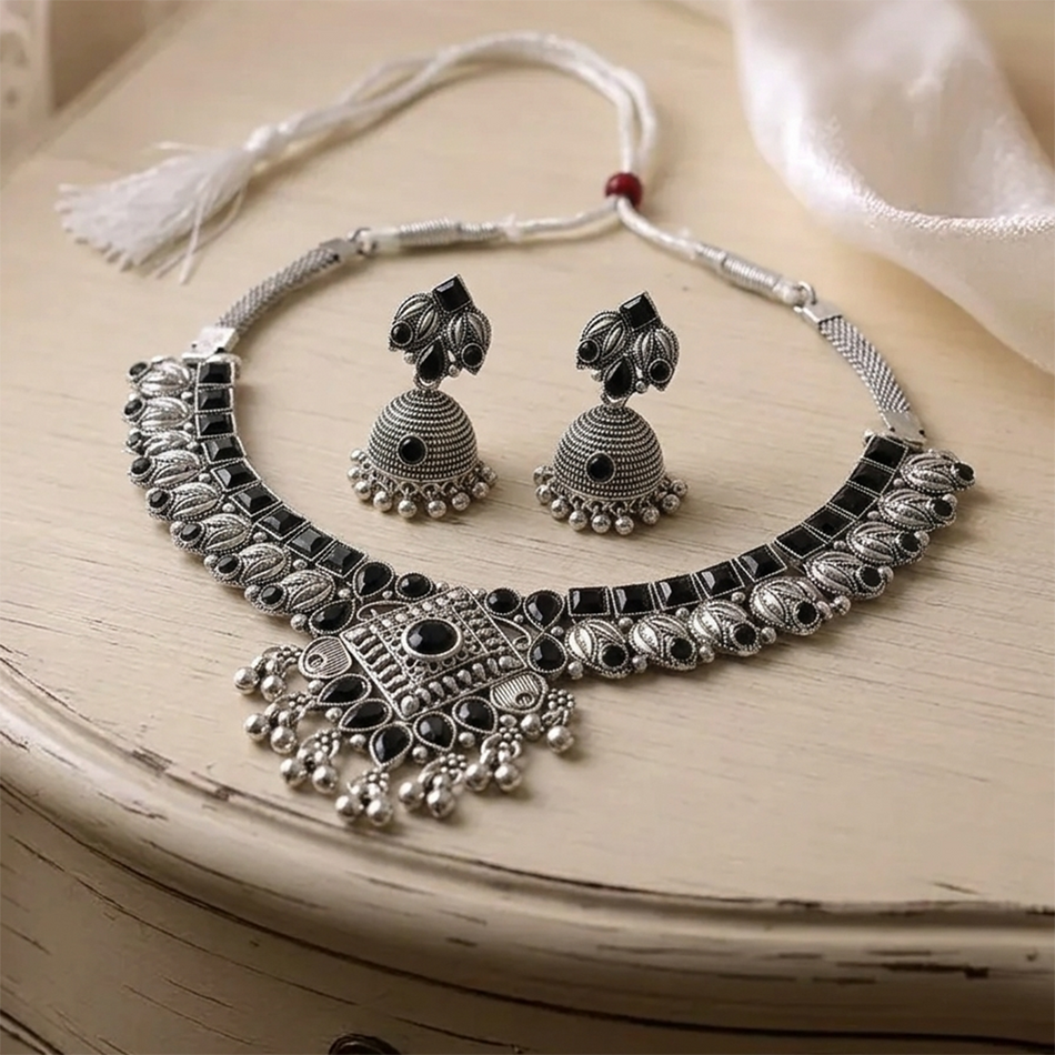 Oxidised Silver Choker Set with Jumka Earrings | Bridal Jewellery India