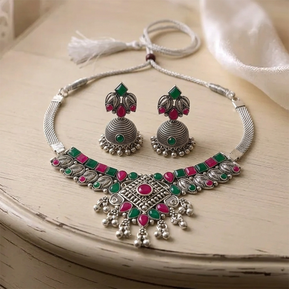 Oxidised Silver Choker Set with Pink   Green Beads Jumkas | Bridal Jewellery India