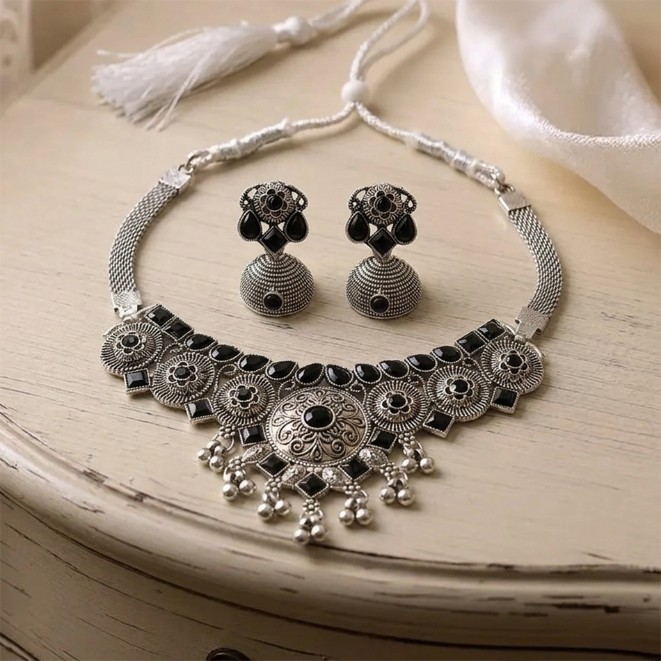 Oxidised Silver Choker with Jumkas for Girls Occasion | Bridal Jewellery India