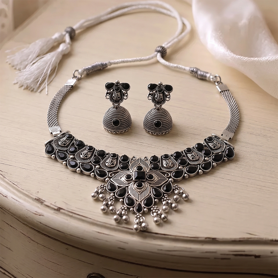Oxidised Silver Choker with Black Beads Jhumka Earrings Set | Bridal Jewellery India