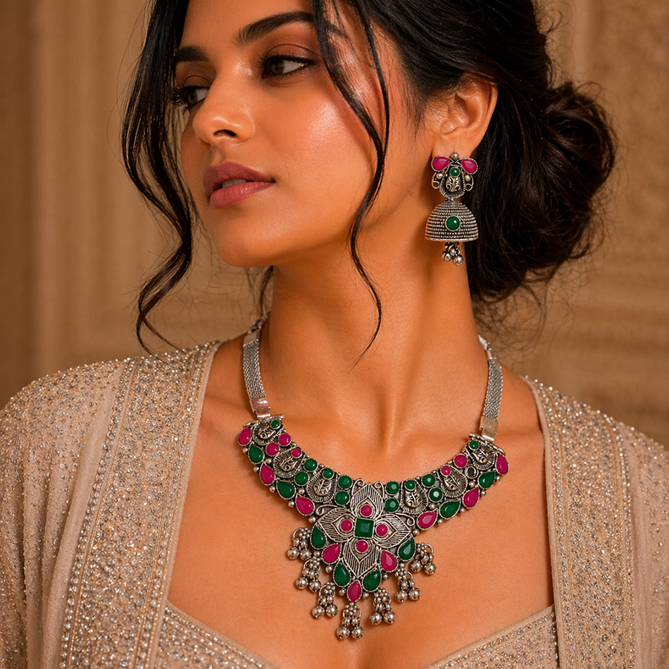 Oxidised Silver Choker Set with Pink Green Beads for Women | Bridal Jewellery India