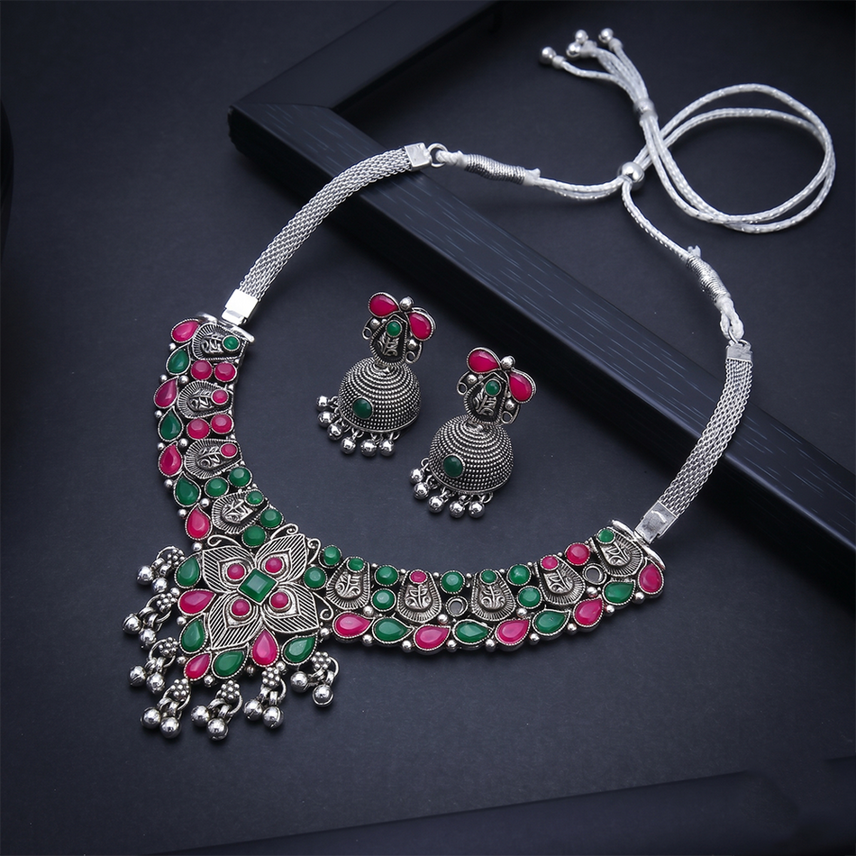 Oxidised Silver Choker Set with Pink   Green Beads for Women | Bridal Jewellery India