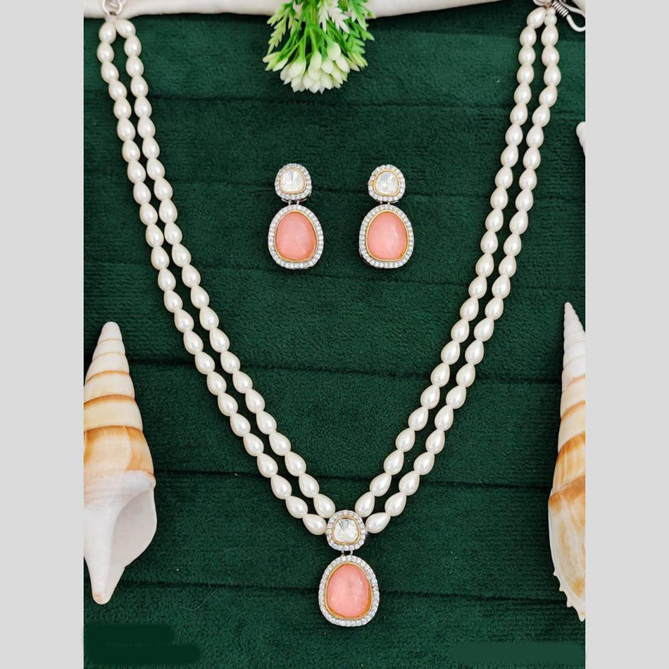 Gold Plated Long Necklace with Austrian Stones and Pearls | Bridal Jewellery India
