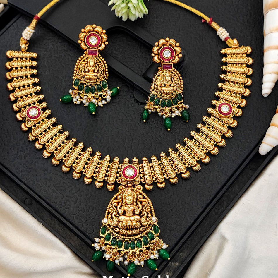 Pota Stone Temple Necklace in Gold Tone | Bridal Jewellery India