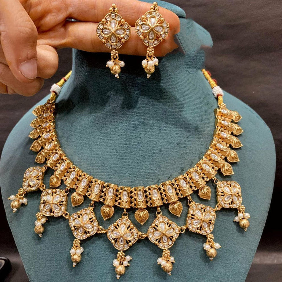 Rose Gold Plated Pota Stone and Pearl Necklace Set | Bridal Jewellery India