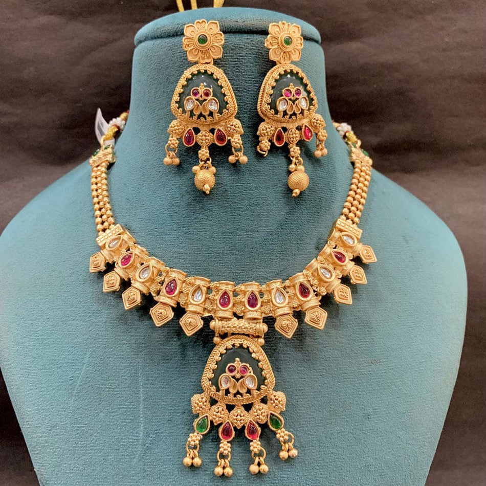 Rose Gold Plated Pota Stone Choker Necklace Set | Bridal Jewellery India