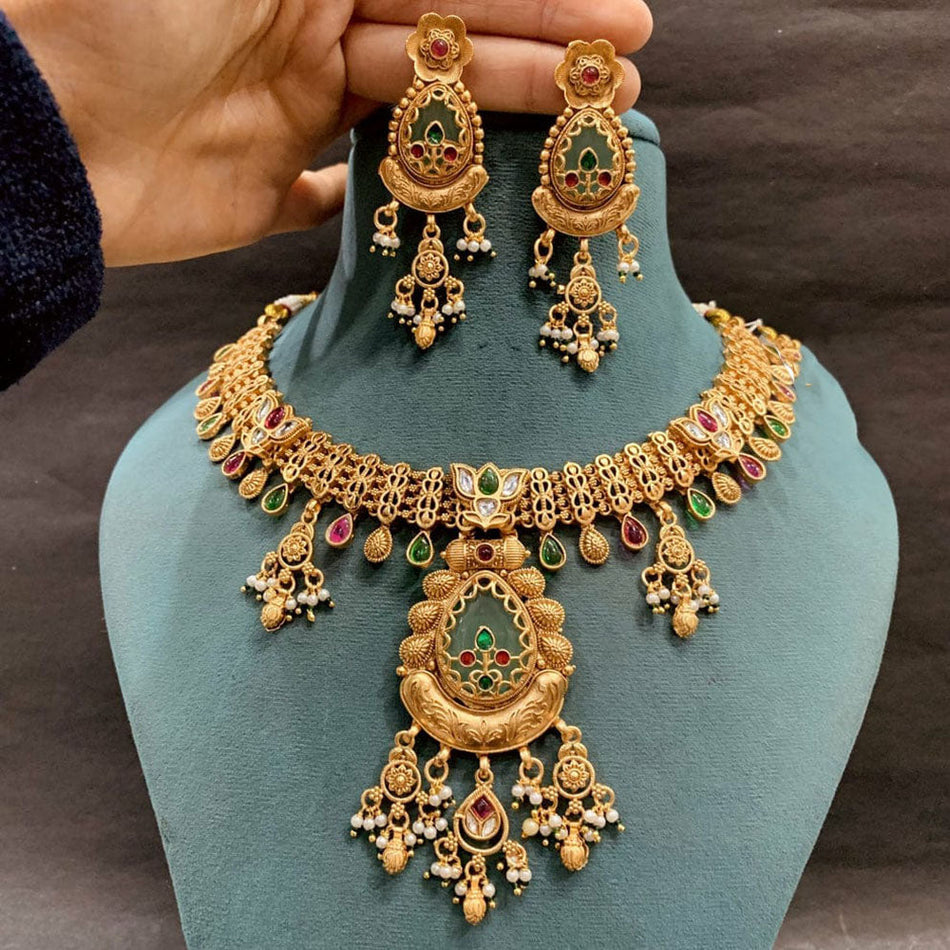 Pota Stone and Pearl Necklace in Gold Tone | Bridal Jewellery India