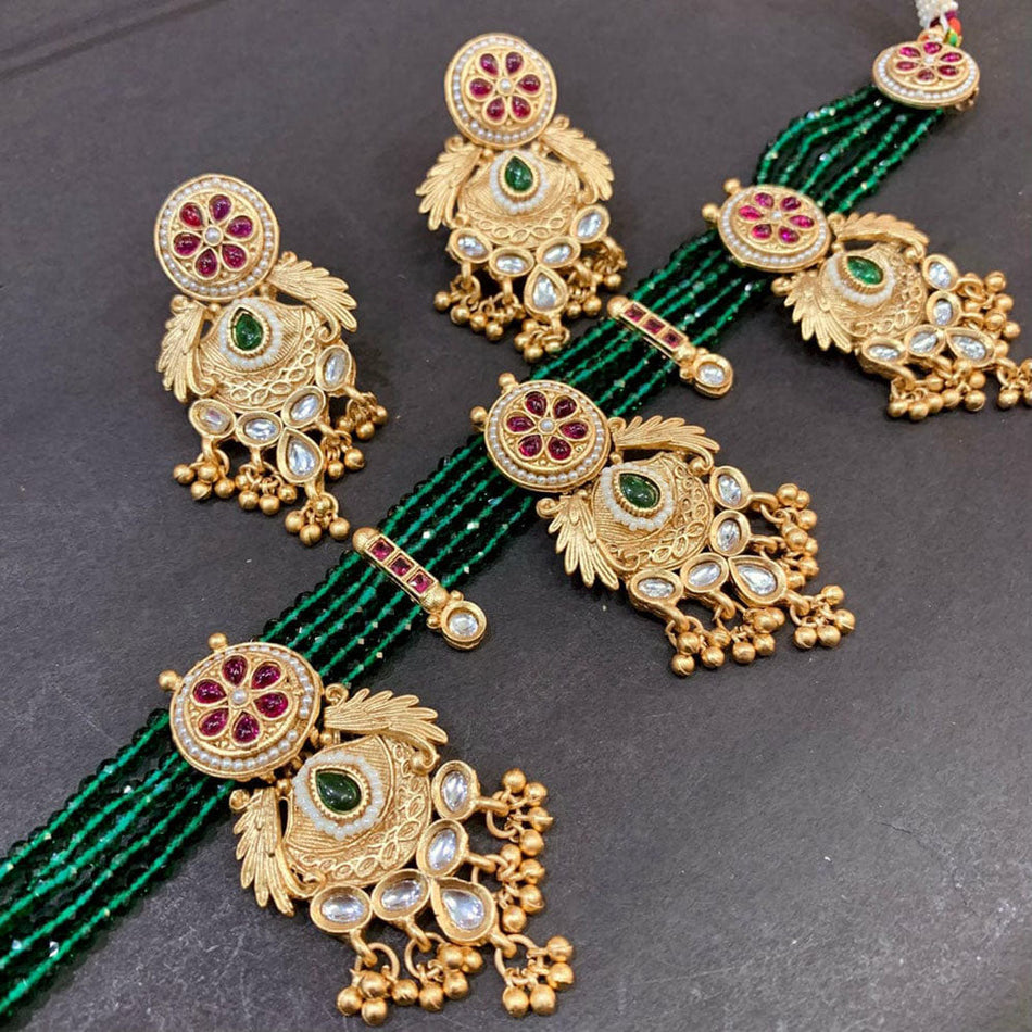 Rose Gold Plated Pota Stone Choker Necklace Set | Bridal Jewellery India