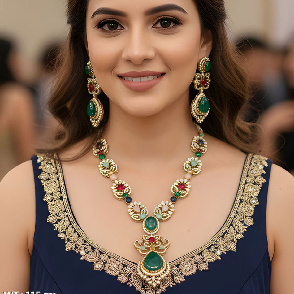 Rose Gold Plated Pota Stone Necklace Set for Bridal | Bridal Jewellery India