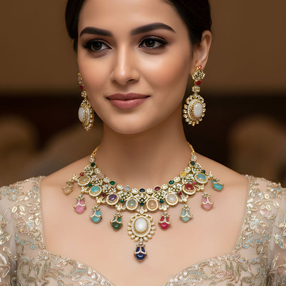 Rose Gold Plated Pota Stone Necklace Set for Bridal Wear | Bridal Jewellery India