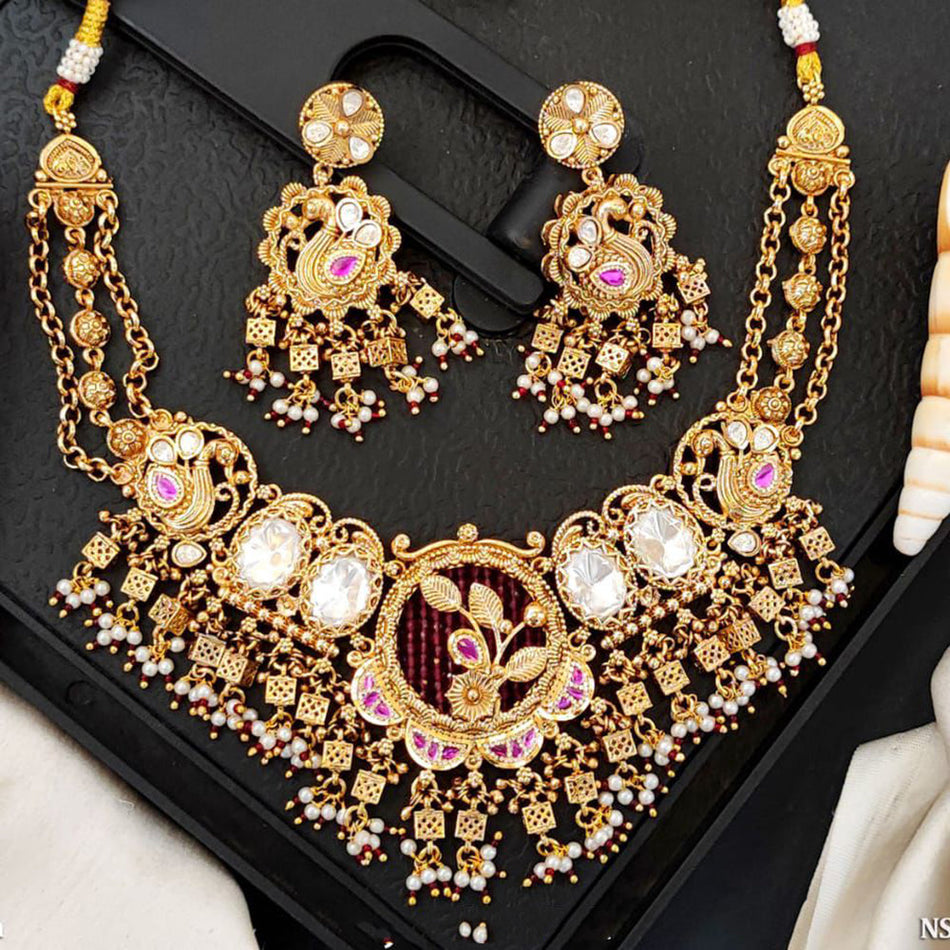 Pota Stone and Pearl Necklace in Rose Gold Plated | Bridal Jewellery India