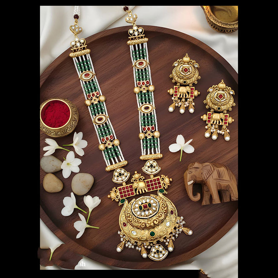 Rose Gold Plated Long Necklace with Potsali Beads | Bridal Jewellery India