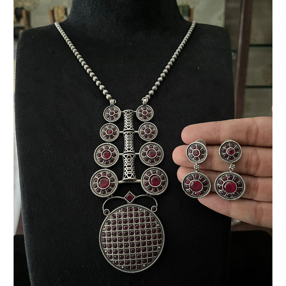 Oxidised Royal Pota Stone Necklace Set | Bridal Jewellery India
