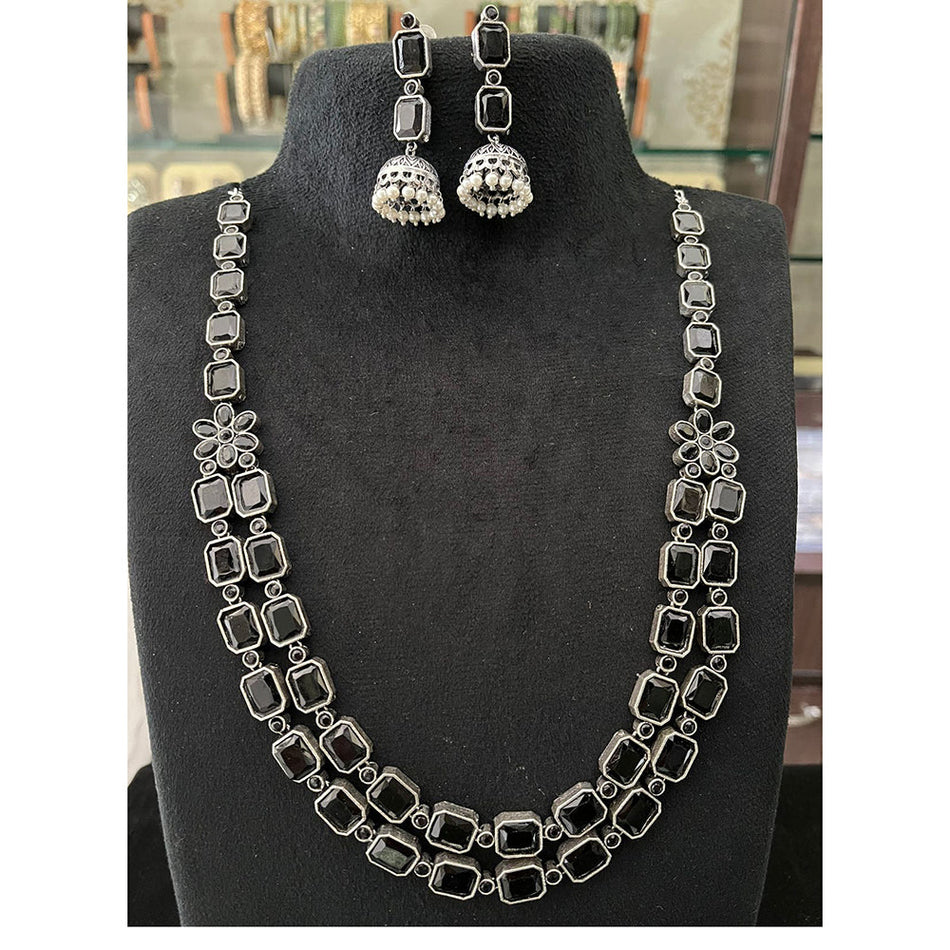 Oxidised Silver Royal Pota Stone Necklace Set | Bridal Jewellery India