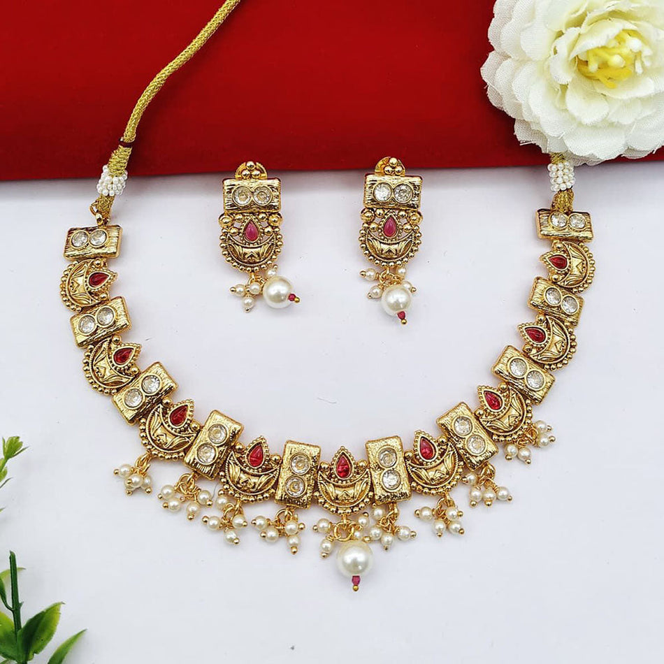 Pota Stone   Pearl Necklace in  Gold Plated | Bridal Jewellery India
