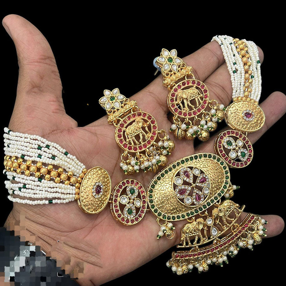 Pota Stone   Pearl Necklace in 14K Gold Plated | Bridal Jewellery India