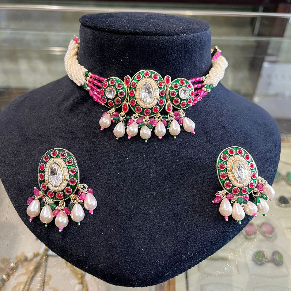 Pota Stone Pearl Choker in Gold Tone | Bridal Jewellery India