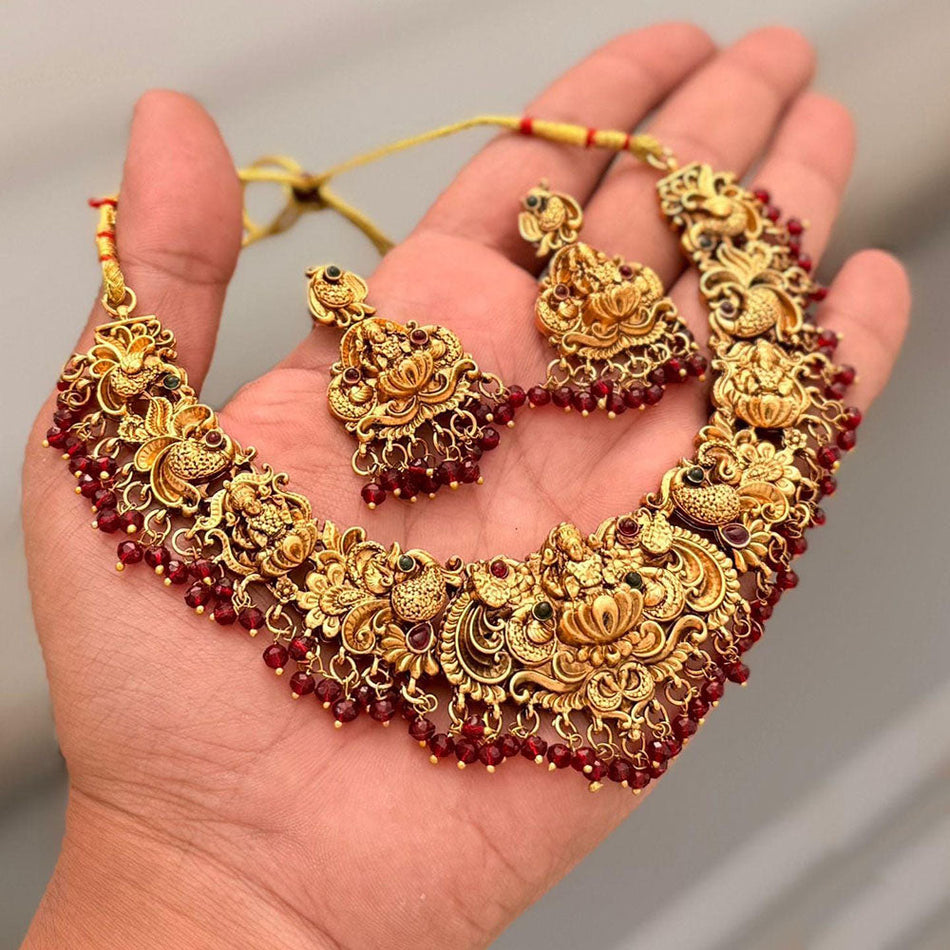 Pota Stone   Pearl Necklace in Gold Tone | Bridal Jewellery India