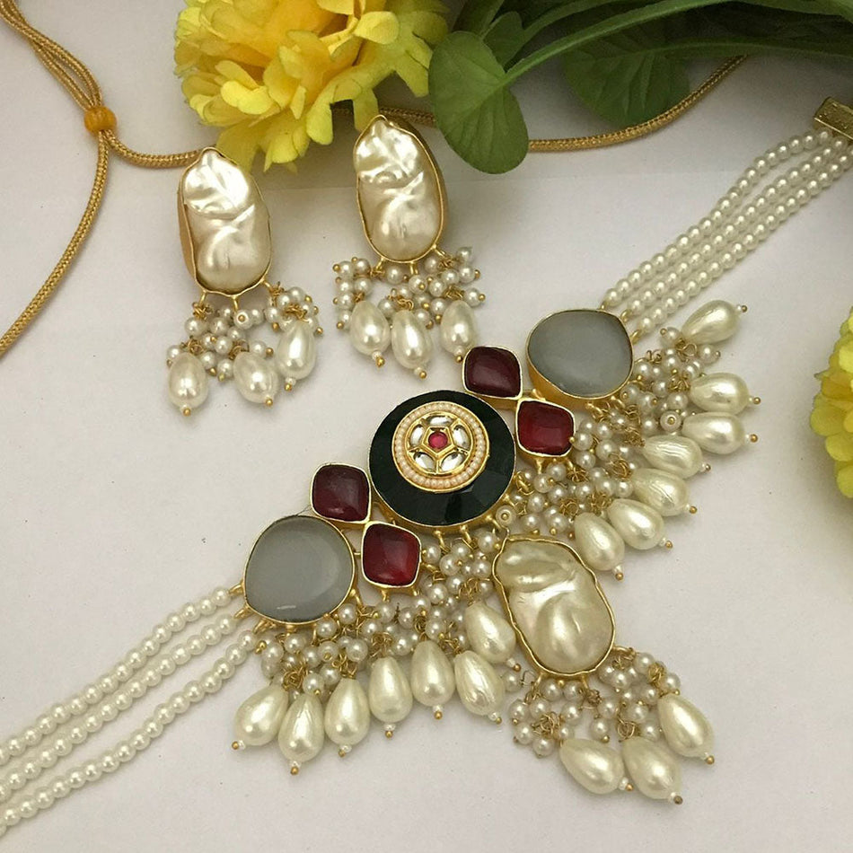 Pota Stone Choker Necklace in Oxidised Silver | Bridal Jewellery India