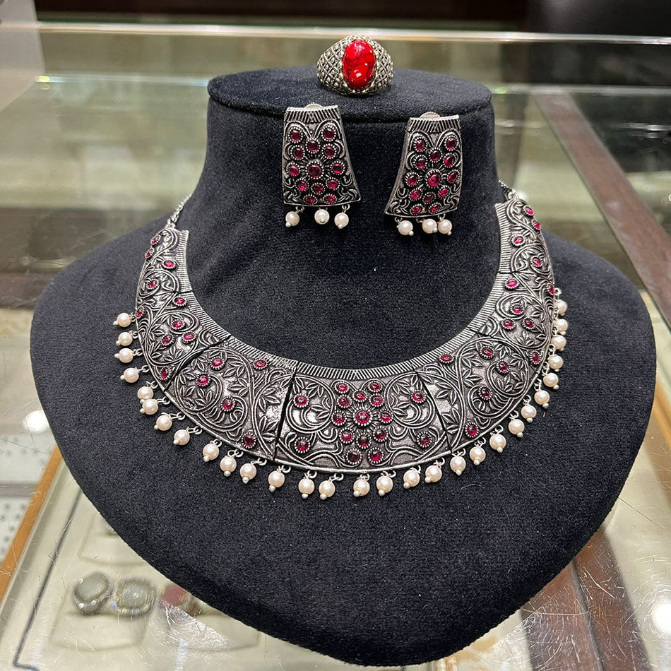 Oxidised Silver Pota Stone and Pearl Necklace Set | Bridal Jewellery India