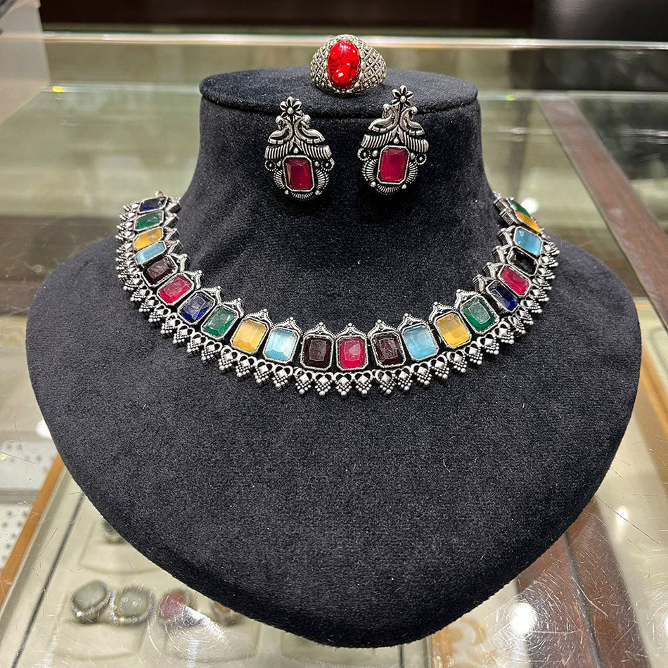 Oxidised Silver Pota Stone Necklace Set | Bridal Jewellery India