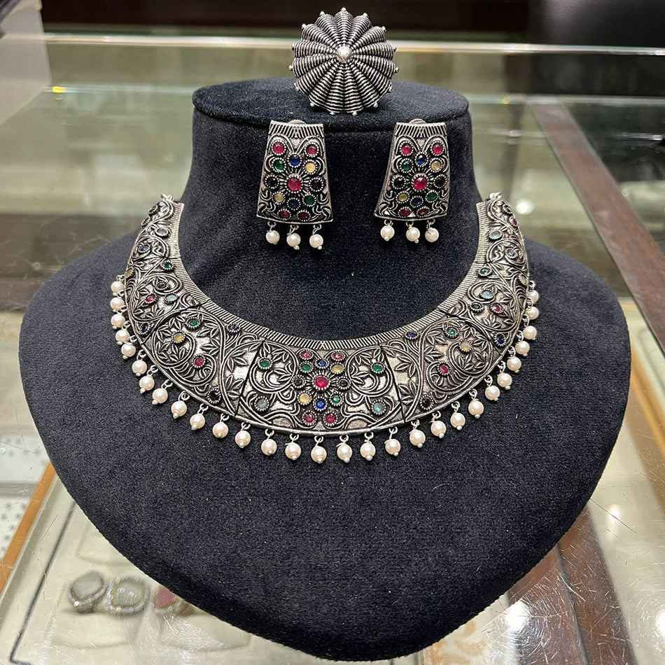 Oxidised Silver Pota Stone Necklace Set | Bridal Jewellery India