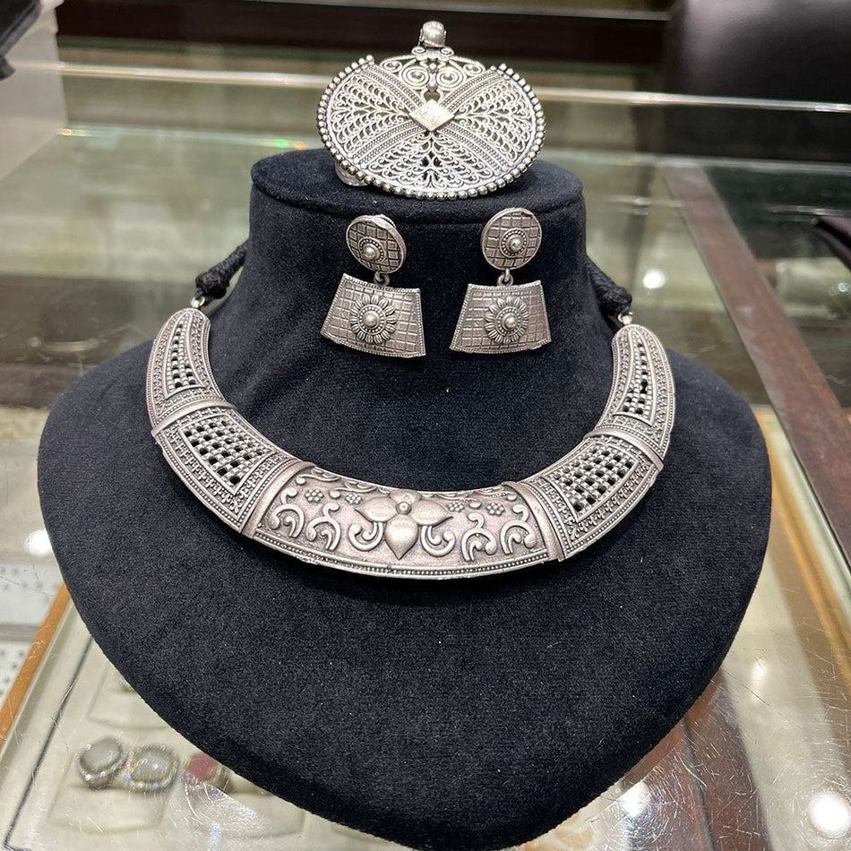 Oxidised Silver Necklace Set in Vintage Style | Bridal Jewellery India