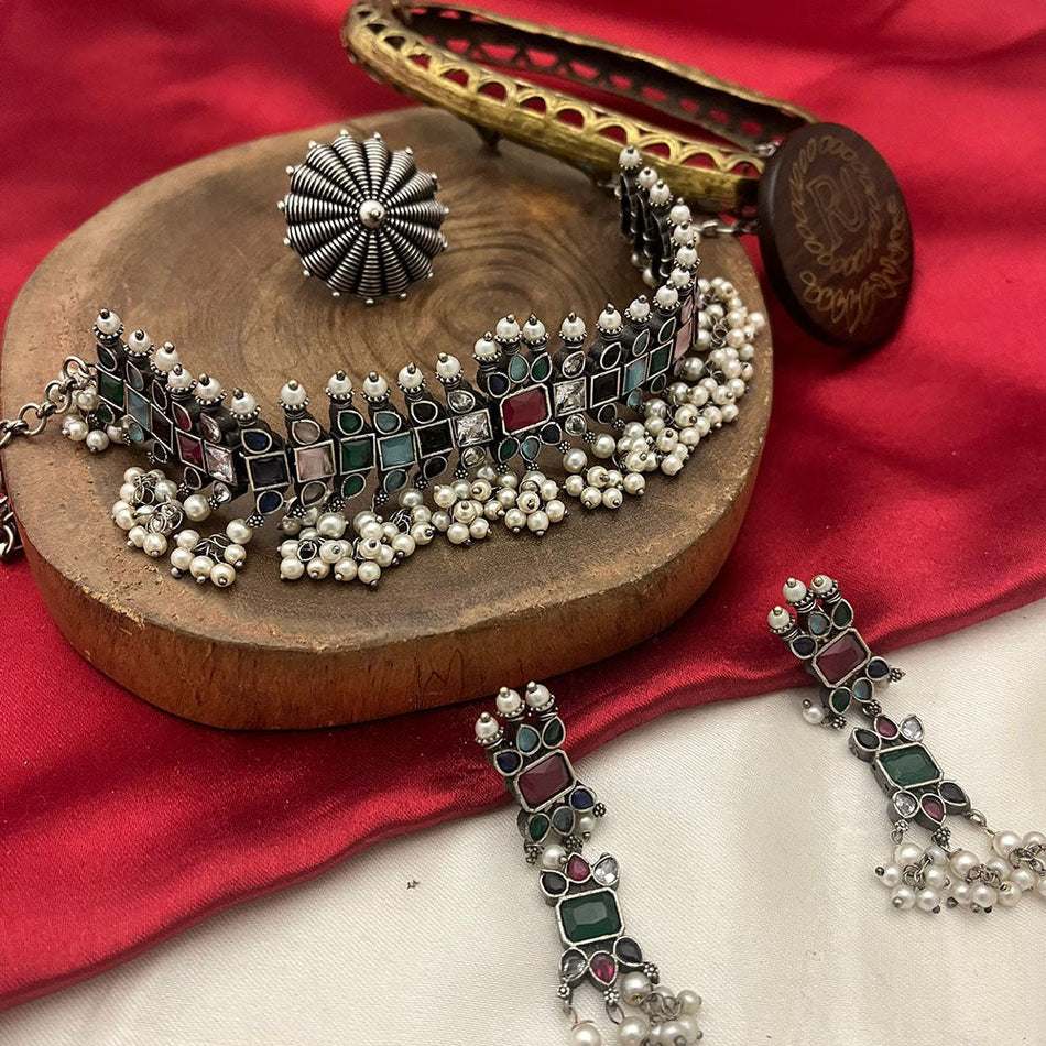 Oxidised Silver Pota Stone Choker Necklace for Occasion | Bridal Jewellery India