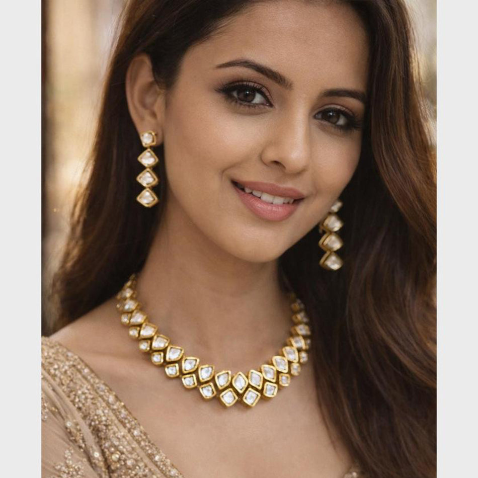 Crystal Stone Necklace in Gold Tone | Bridal Jewellery India