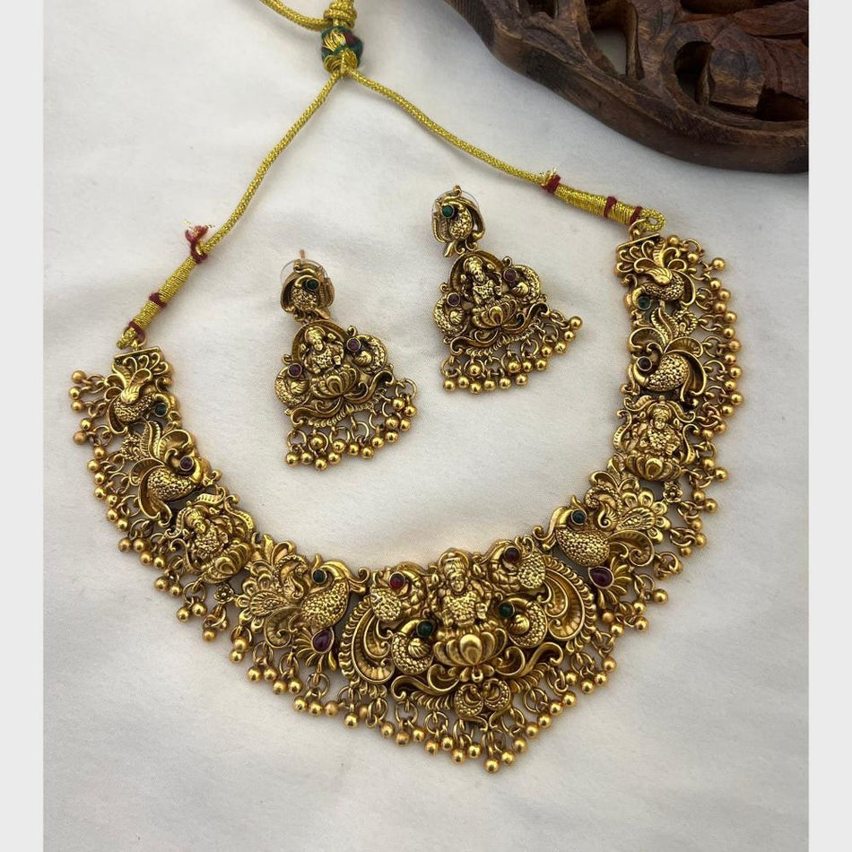 Rose Gold Plated Pota Stone Temple Necklace Set | Bridal Jewellery India