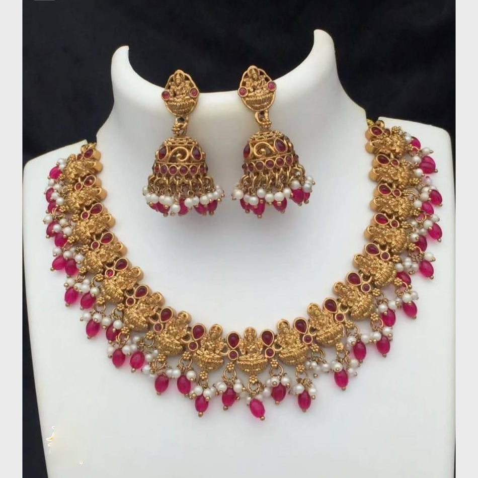 Pota Stone and Pearl Temple Necklace in Gold Tone | Bridal Jewellery India