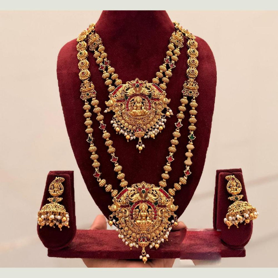 Heritage Double Necklace in Gold Plated   Pearl for Temple Wear | Bridal Jewellery India