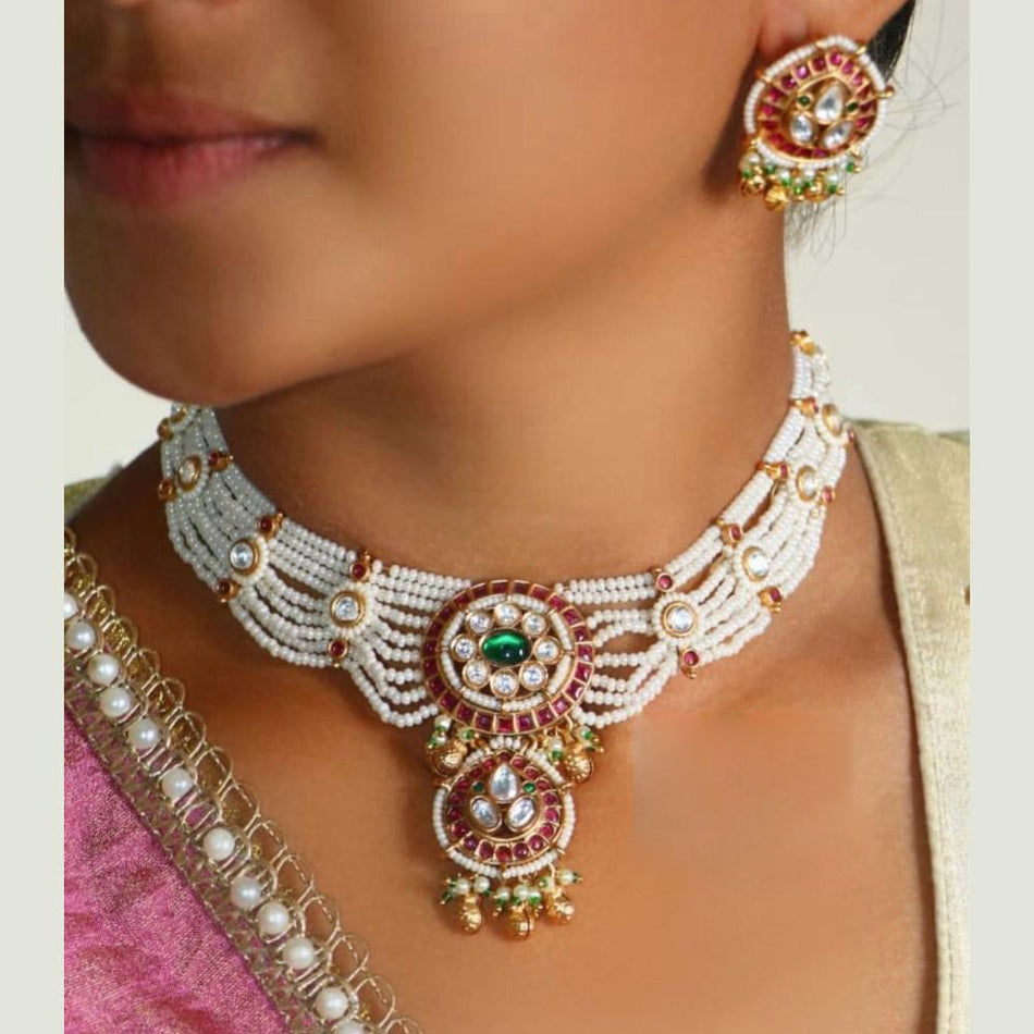 Pota Stone and Pearl Choker in Sterling Silver | Bridal Jewellery India