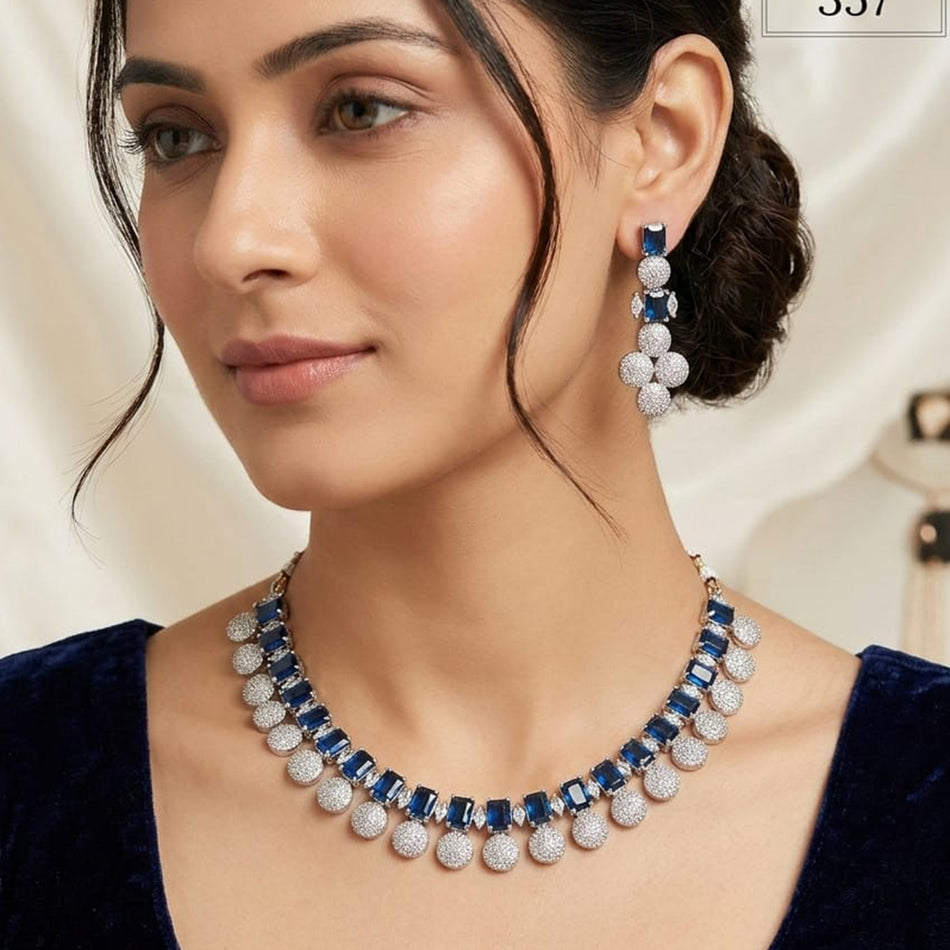 Premium American Diamond Silver Necklace Set | Bridal Jewellery India