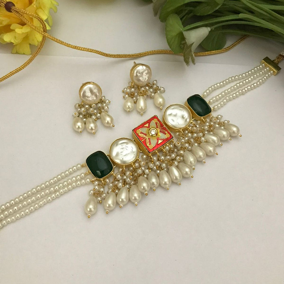 Heritage Style Choker in White Gold Plated | Bridal Jewellery India