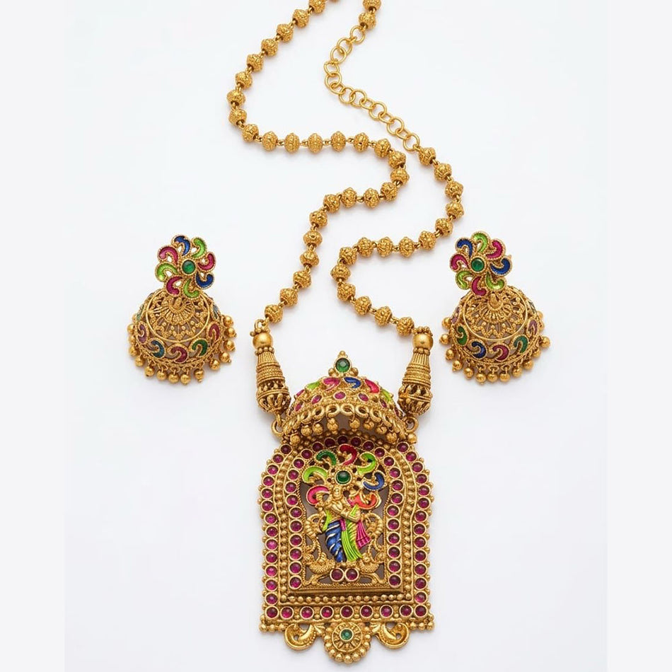 Meenakari Temple Necklace in  Gold Plated | Bridal Jewellery India