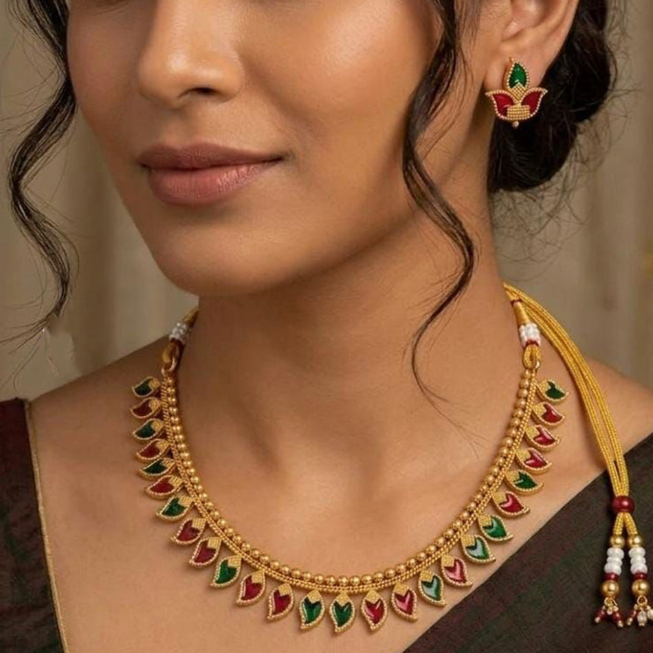 Ethnic Design Pota Stone Necklace in Gold Tone | Bridal Jewellery India