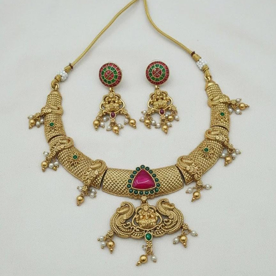 Pota Stone Temple Necklace in Sterling Silver | Bridal Jewellery India