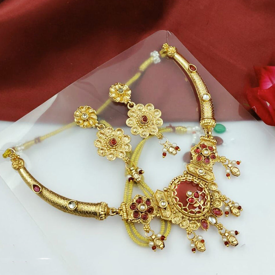 Ethnic Design Pota Stone in Rose Gold Plated Necklace Set | Bridal Jewellery India