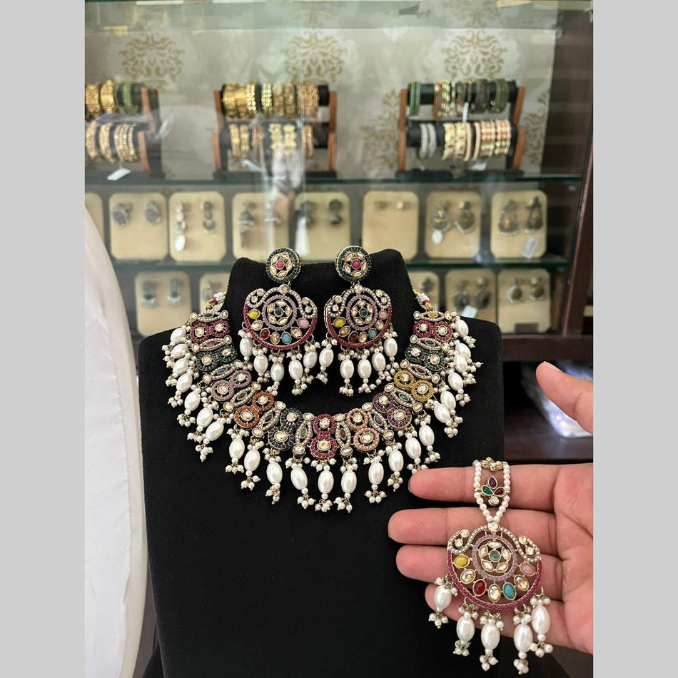 Designer Austrian Stone Pearl Necklace in Gold Tone | Bridal Jewellery India
