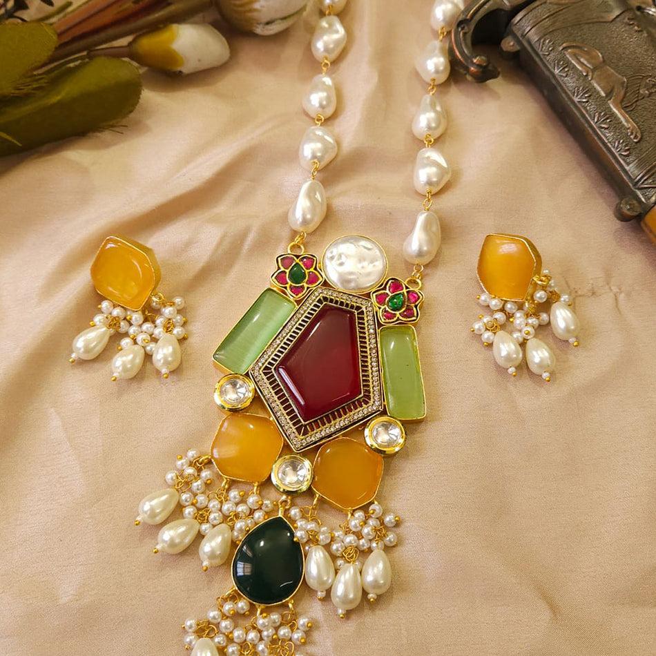 Glamorous Pota Stone Necklace in Gold Plated | Bridal Jewellery India