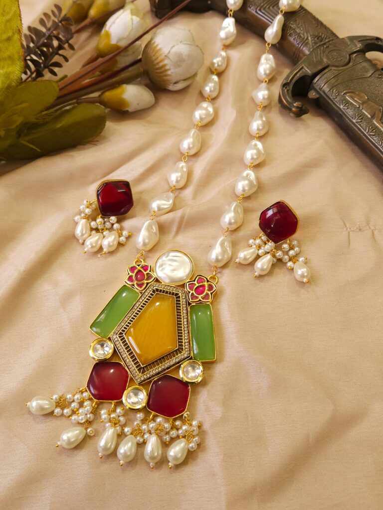 Glamorous Pota Stone Necklace in Gold Tone | Bridal Jewellery India