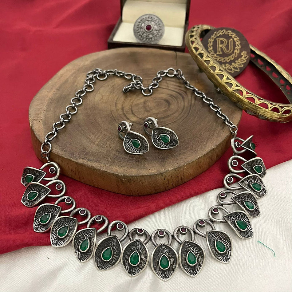Oxidised Silver Heritage Pota Necklace Set | Bridal Jewellery India