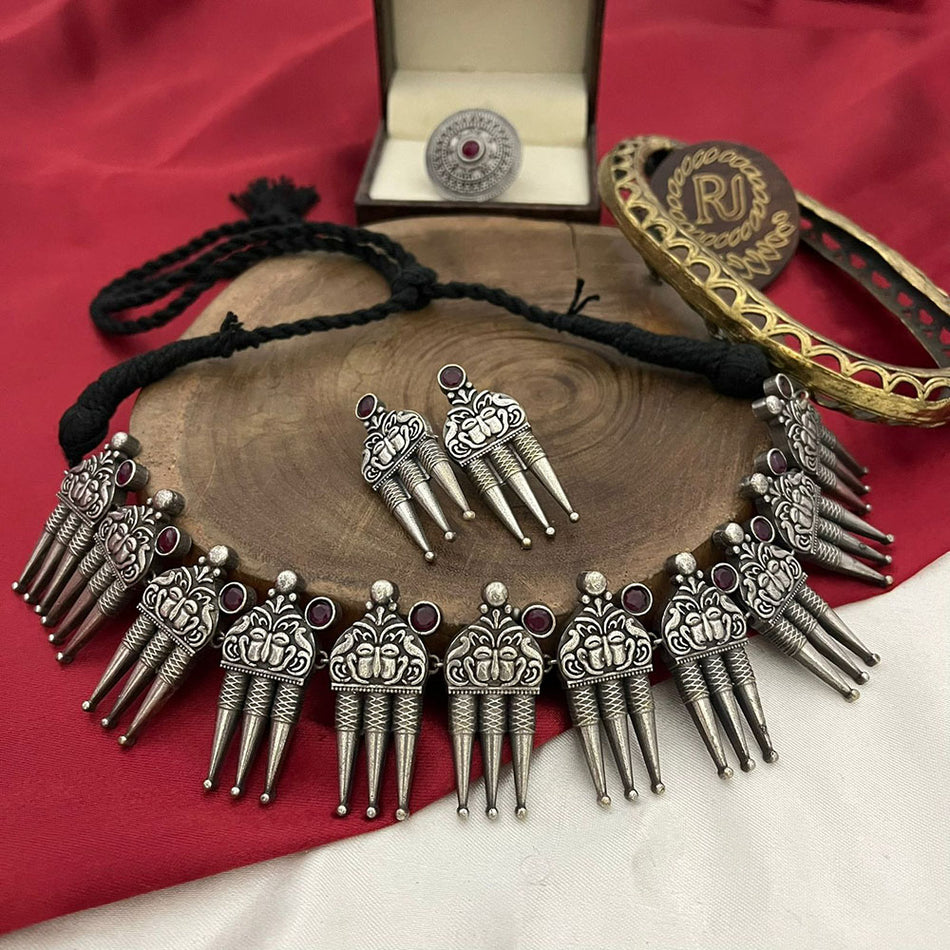 Oxidised Silver Heritage Pota Stone Necklace Set | Bridal Jewellery India